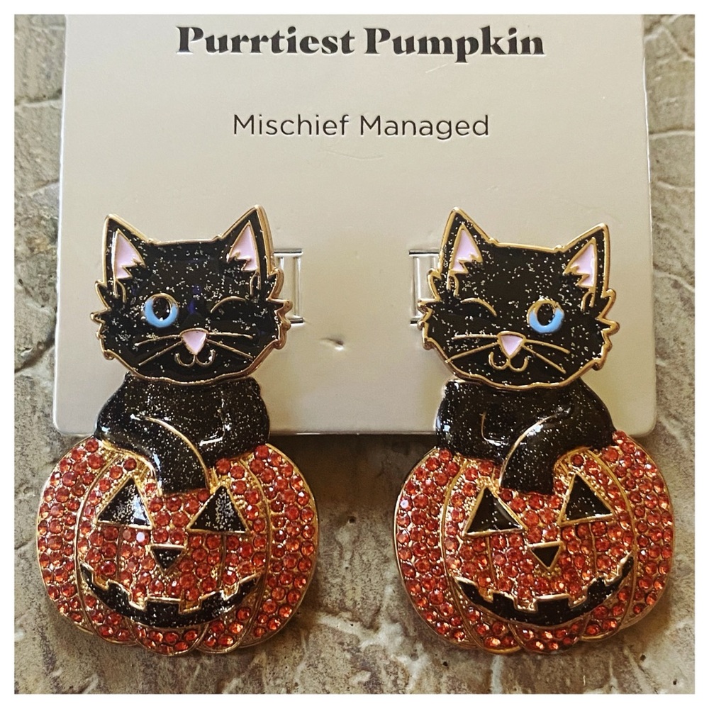 Sugarfix Baublebar Cat Enamel Purrtiest Pumpkin Halloween Rhinestone Earrings